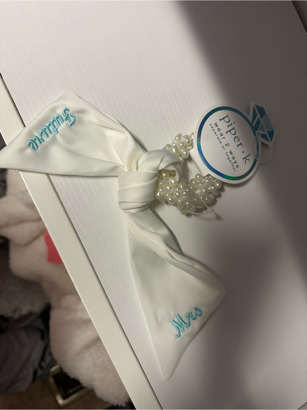 Piper White Bow Hair Tie with Pearl Elastic and Light Blue Embroidery